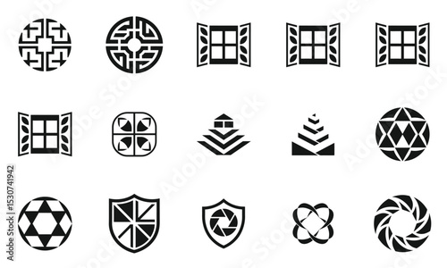 A collection of various geometric and abstract designs, featuring intricate logos and shapes, suitable for modern art or logo inspiration.