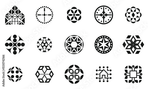 A collection of diverse geometric shapes and logos in black and white featuring circular, hexagonal, and triangular designs that evoke a modern aesthetic.