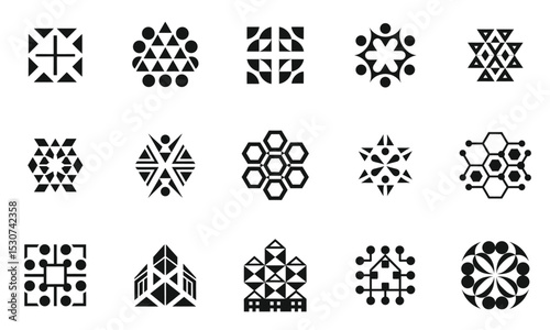 A captivating collection of various geometric logos and shapes, showcasing creative black and white designs that evoke a sense of symmetry and balance.
