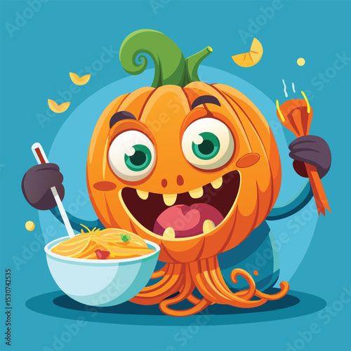 Cartoon pumpkin character with big eyes enjoying a bowl of spaghetti or noodles deliciously