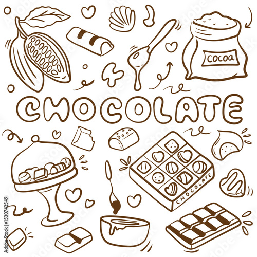 Chocolate doodle set. Different kinds of chocolate. Cocoa bean and leaves, chocolate box, chocolate bar in sketch style. Hand drawn vector illustration isolated on white