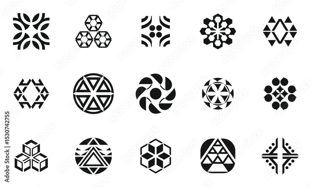 A collection of unique black and white geometric and abstract logos arranged in a grid layout, showcasing creativity and design aesthetics. A collection of unique black and white geometric and abstract logos arranged in a grid layout, showcasing creativity and design aesthetics.