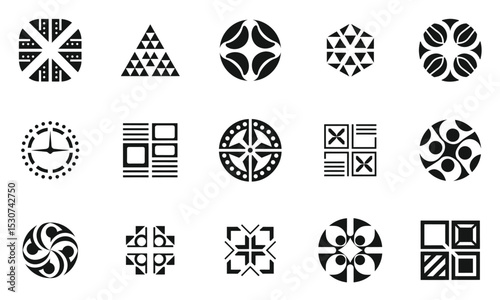 A collection of modern geometric black and white logos, showcasing various shapes including triangles, circles, and intricate designs that evoke a sense of symmetry and balance.