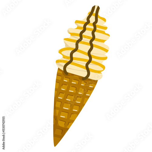 Delicious cartoon-style vector of vanilla soft serve ice cream in a waffle cone with caramel and chocolate syrup on top.
