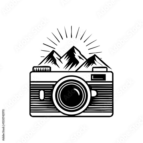 Vector icon of a camera with scenic mountains and sunburst in the background.

