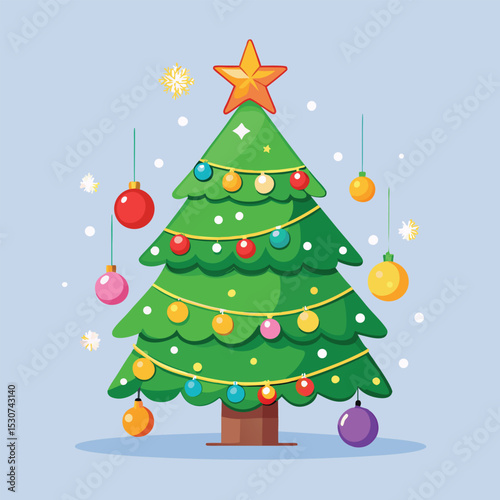 Colorful decorated christmas tree with ornaments and a star on a light blue background