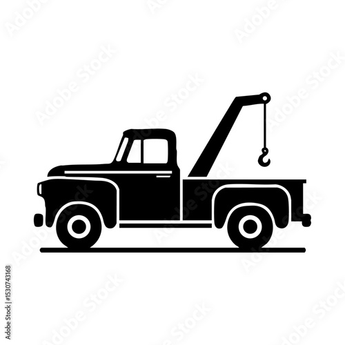 Vintage tow truck icon in black minimalist style with a hanging hook.

