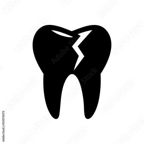 Black vector icon of a tooth with a visible crack for dental damage or decay.

