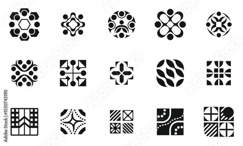 A diverse collection of black and white geometric logos, showcasing intricate designs that evoke a sense of modernity and creativity.