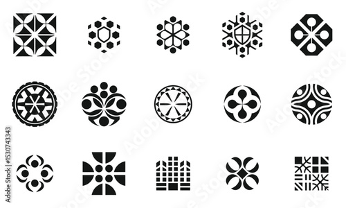 A collection of intricate black and white geometric logos featuring various designs, suitable for backgrounds or artistic applications.