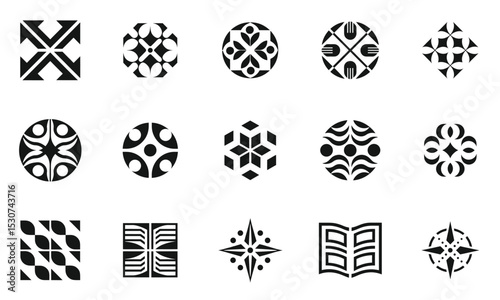 A diverse collection of black and white geometric logos featuring various shapes and designs, showcasing intricate details and a modern aesthetic.