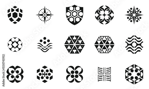 A collection of intricate black and white geometric logos showcasing various designs, including floral shapes, hexagons, and dynamic motifs, ideal for creative projects.