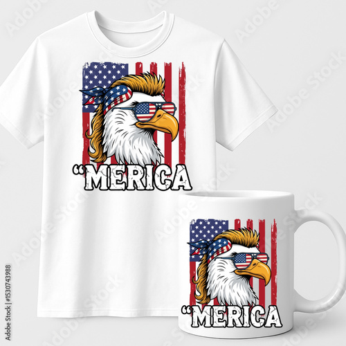 ‘Merica Funny Patriotic Bald Eagle with American Flag Design – USA Pride T-Shirt and Mug for Independence Day
