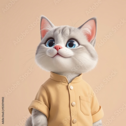 Cat Wearing Shirt Looking Upward with Positive Expression