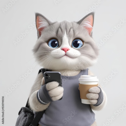 Cat Using Mobile Phone and Holding Coffee Cup