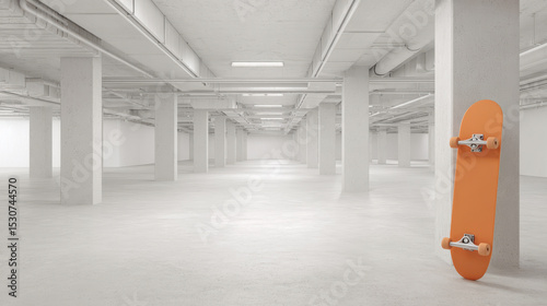 minimalist underground parking lot with single skateboard on right side light gray walls soft natural lighting