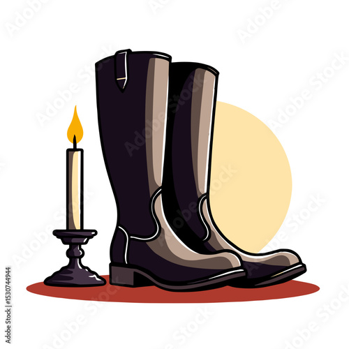 Boots beside candle in pop art style, evoking remembrance and peace