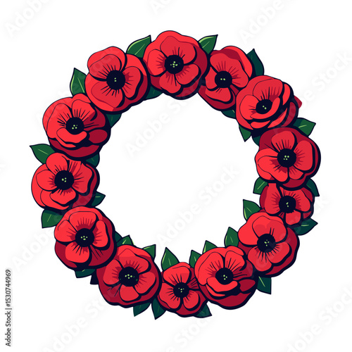 Bold pop art memorial wreath of red flowers, remembrance concept