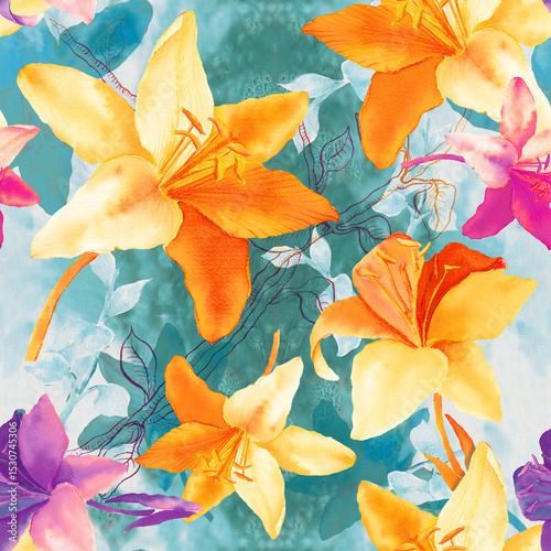 Seamless pattern watercolor Lily flowers, lilies design illustration.