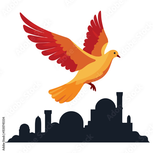 Dove soaring over historical ruins, symbolizing peace and remembrance