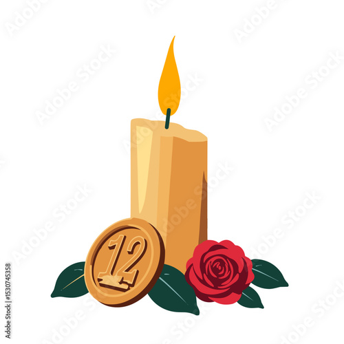 Lit candle and medal with rose on white background, remembrance symbol