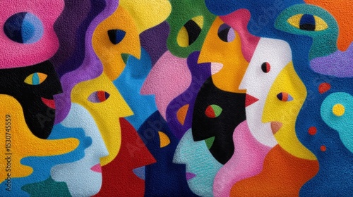 A vibrant abstract mural depicting diverse faces animatedly conversing surrounded by a kaleidoscope of colors and shapes that represent the seamless blending of idioms highlighting