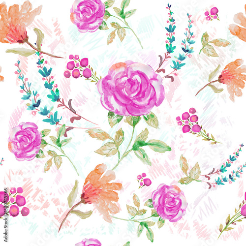 Rose and yellow spring flowers seamless pattern. Watercolor pattern with lavenders and berries