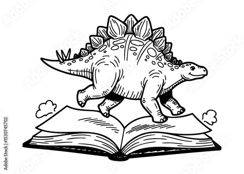 stegosaurus walking across an open book, dinosaur sketch