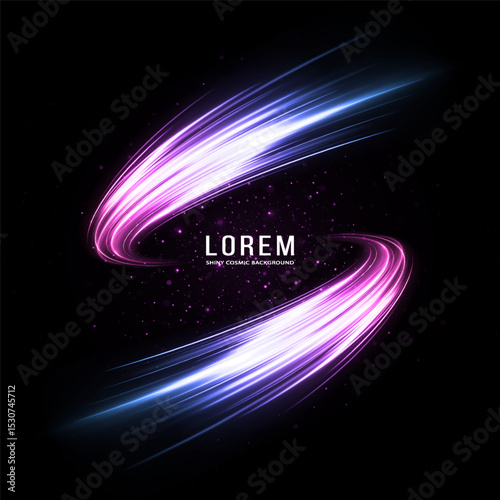High-speed light trails effect. Sparkling flow of speed lines. Magical vortex of a curved light trail. Glowing space background.