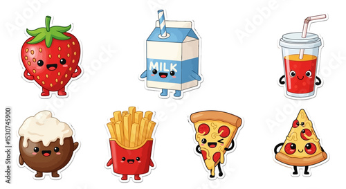 Cute Kawaii Food Stickers Strawberry, Milk, Juice, Fries, Pizza, Chocolate