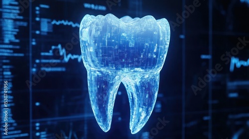 Digital representation of a tooth overlaid with technological data.