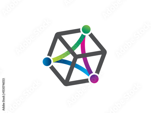 A vibrant abstract logo design featuring a cube interconnected by lines and nodes, symbolizing network, connection, and technology.  