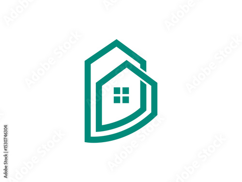 Real estate logo concept with a house icon, a building symbol, and residential property illustration
