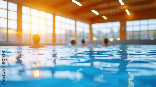 Serene spa retreat featuring tranquil indoor pool with people enjoying warm water and sunlight streaming through large windows