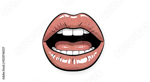 Stylish Lips Illustration Open Mouth with Glossy Pink Lips and Teeth