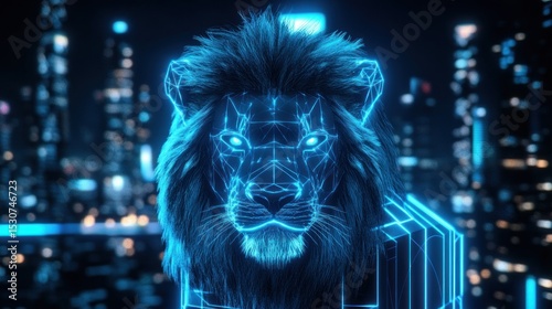 Digital lion head, glowing blue, cityscape background