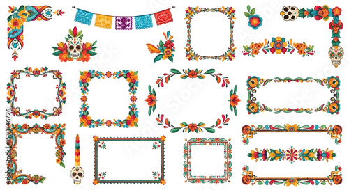 Vibrant Floral and Skull Frames Day of the Dead Design Elements