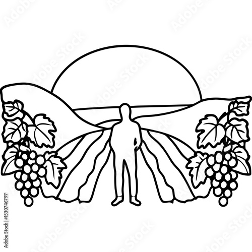 Person standing in vineyard at sunset.  Line art illustration depicts a figure in a vineyard with sun setting behind rolling hills and grapevines. This simple graphic is perfect for wine labels.