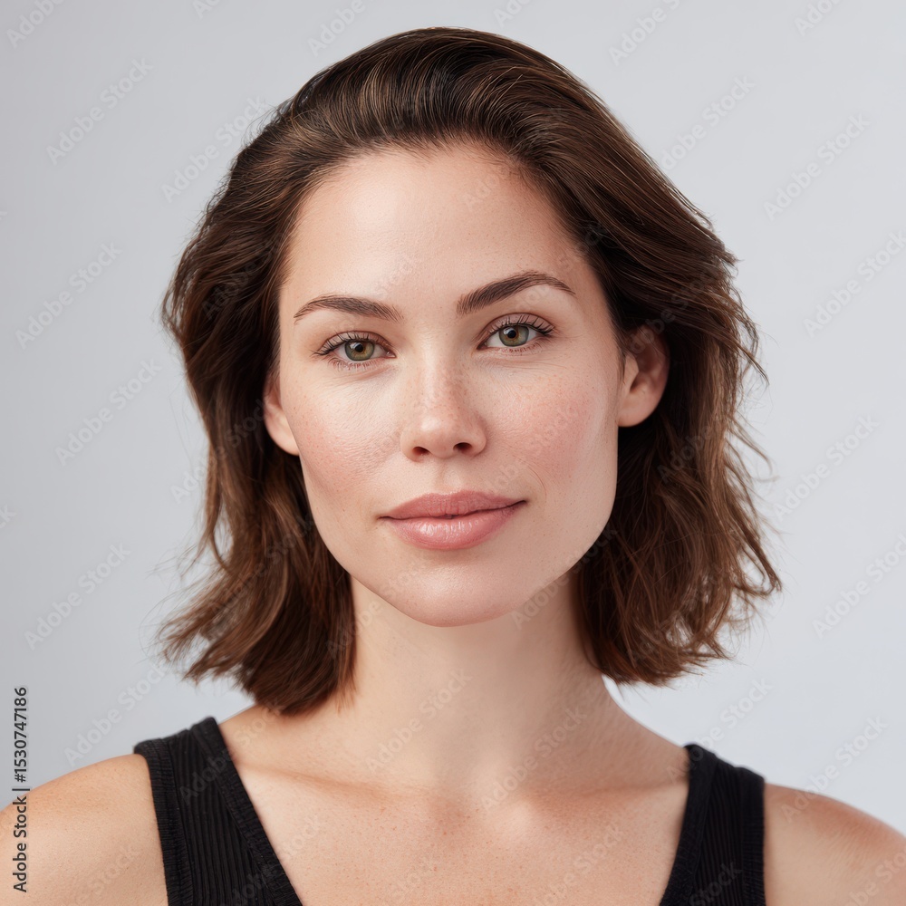 Woman poses for portrait with neutral expression. Beauty, skin care, natural makeup, wellness Woman poses for portrait with neutral expression. Beauty, skin care, natural makeup, wellness
