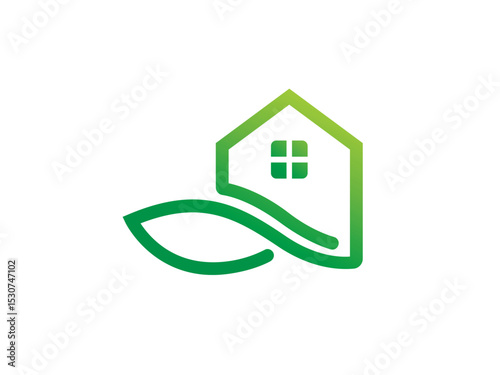 A minimalist logo depicting a green house nestled within a leaf, a symbol of sustainable living and environmental harmony.