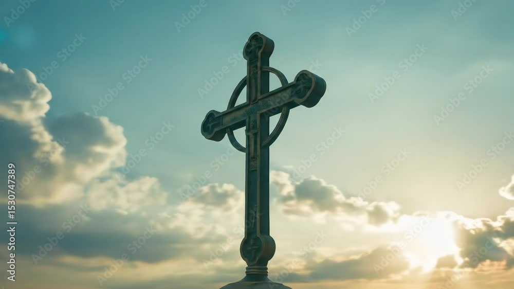Majestic metal cross against sunrise sky inspirational image Majestic metal cross against sunrise sky inspirational image