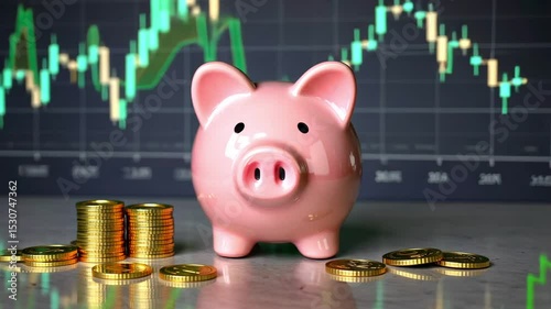 Pink piggy bank surrounded by gold coins with a stock market chart in the background symbolizes saving, investing, and financial planning in changing market conditions