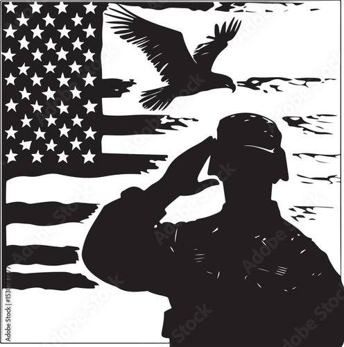 Military Salute with American Flag and Eagle – Patriotic Veteran Silhouette Design

