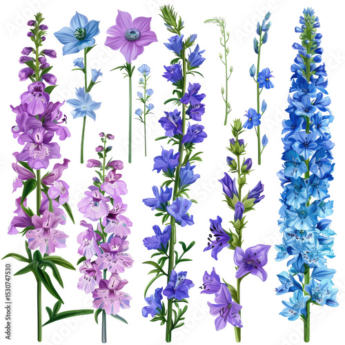 Floral Design Elements. Collection Of Blue And Purple Garden Flowers Isolated On A White Background.
