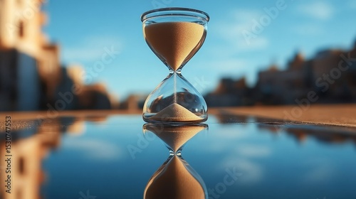 Translucent Hourglass on Blurry Background Concept of Time Passing as Moments Disappear