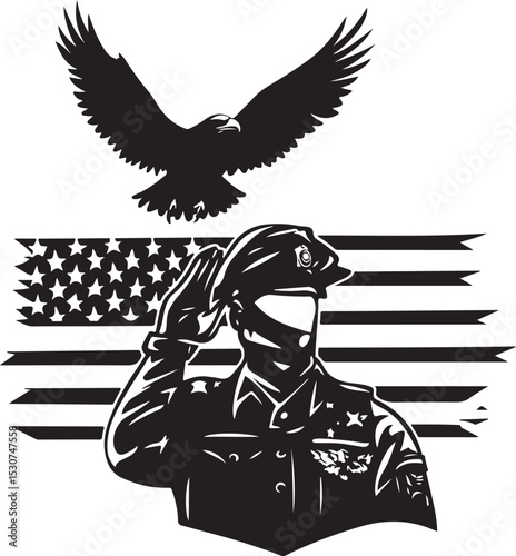 Military Salute with American Flag and Eagle – Patriotic Veteran Silhouette Design

