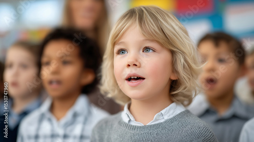Engaged schoolchildren in organized classroom setting with teacher