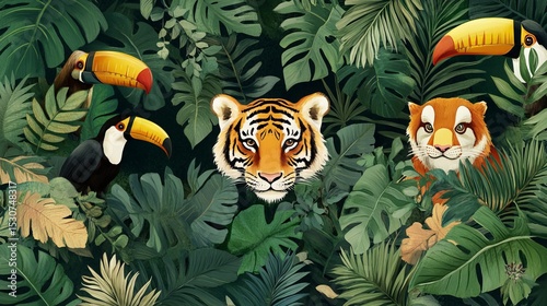 Adorable tigers, sloths, and toucans nestled amongst lush jungle leaves.  Perfect tropical wallpaper or wall art for a child's room. Ideal for a safari or jungle-themed nursery.
 