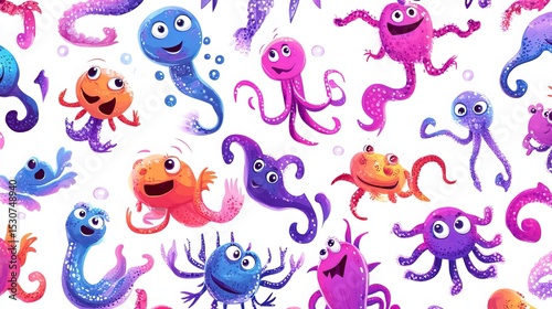 Cute underwater creatures in a seamless pattern, ideal for children's products.  Great for bedding, fabric, wallpaper, gift wrap, and apparel.
 