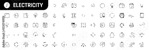 Extensive set of editable stroke line icons illustrating electricity-related concepts, including batteries, light bulbs, plugs, circuits, energy sources, and safety symbols, on a white background.